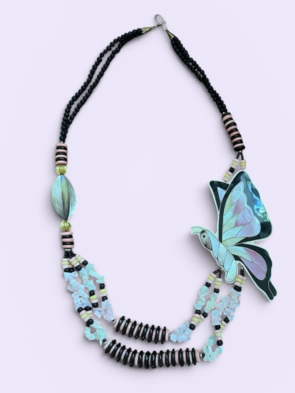 Lee Sands VTG Large Butterfly mother of pearl Abalone Mosaic Pendant Necklace